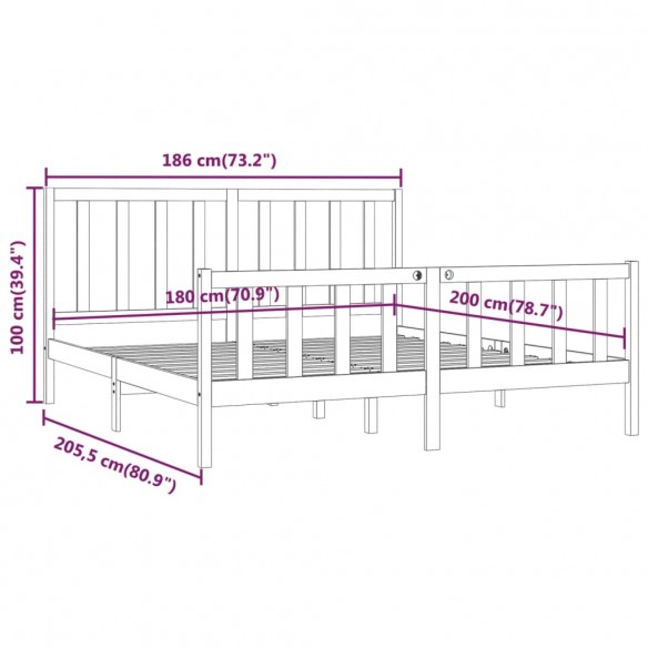 Cadre de lit Gris Bois massif 180x200 cm Super King