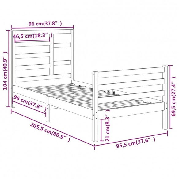 Cadre de lit Bois massif 90x200 cm