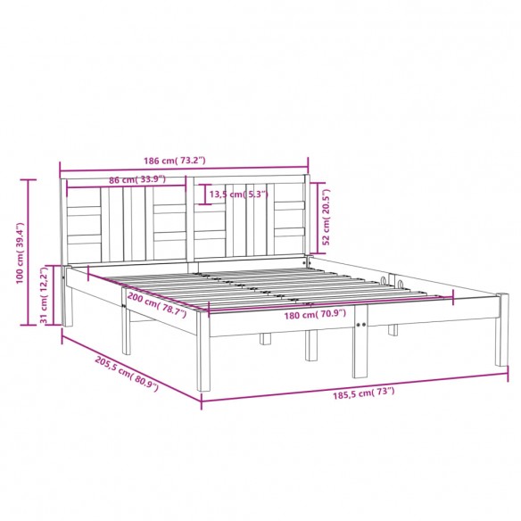 Cadre de lit Noir Bois massif 180x200 cm Super King