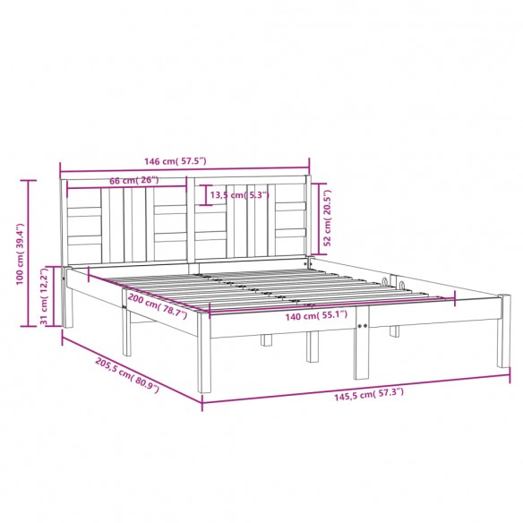 Cadre de lit Gris Bois massif 140x200 cm