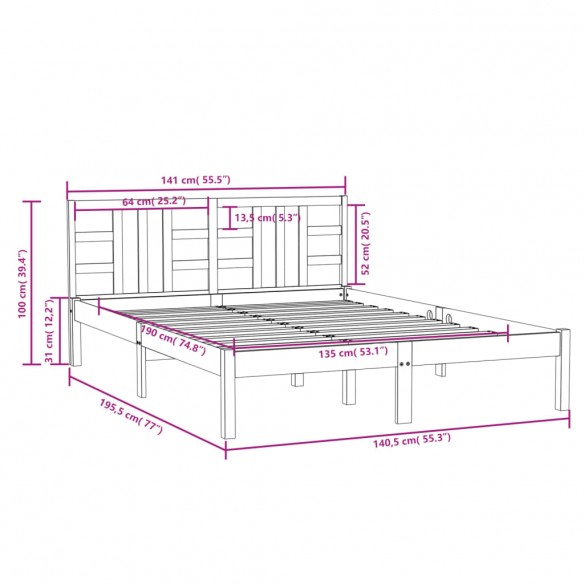 Cadre de lit Blanc Bois massif 135x190 cm Double