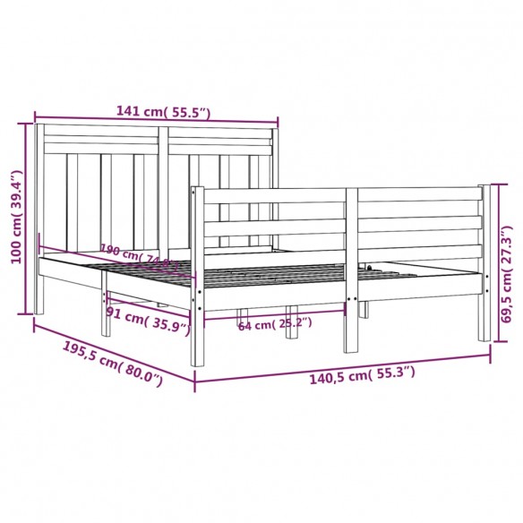 Cadre de lit Gris Bois massif 135x190 cm Double