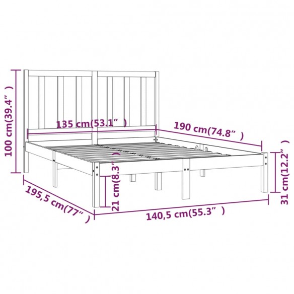 Cadre de lit Gris Bois de pin massif 135x190 cm Double