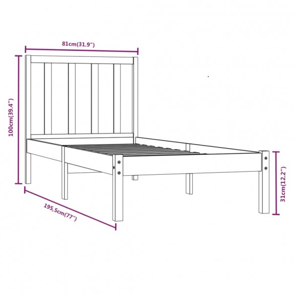 Cadre de lit Noir Bois de pin massif 75x190 cm Petit simple