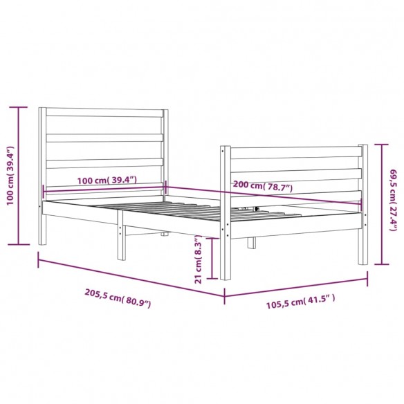 Cadre de lit Marron miel Bois de pin massif 100x200 cm