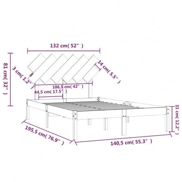 Cadre de lit 135x190 cm Double Bois massif