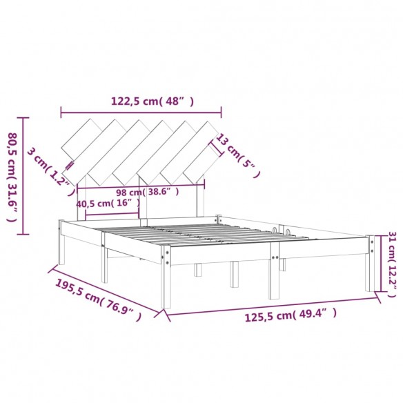 Cadre de lit Marron miel 120x190 cm Petit Double Bois massif