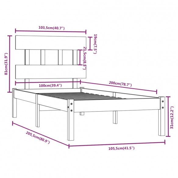 Cadre de lit Gris Bois massif 100x200 cm