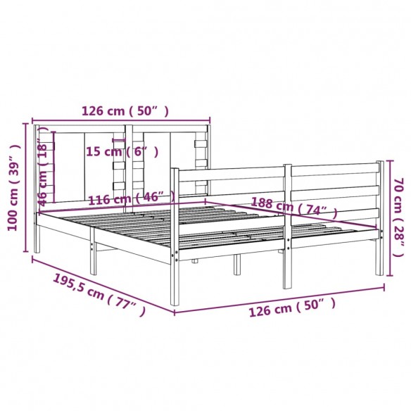 Cadre de lit Marron miel Bois massif 120x190 cm Petit Double