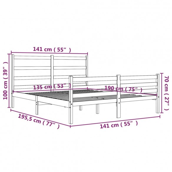 Cadre de lit Gris Bois de pin massif 135x190 cm Double