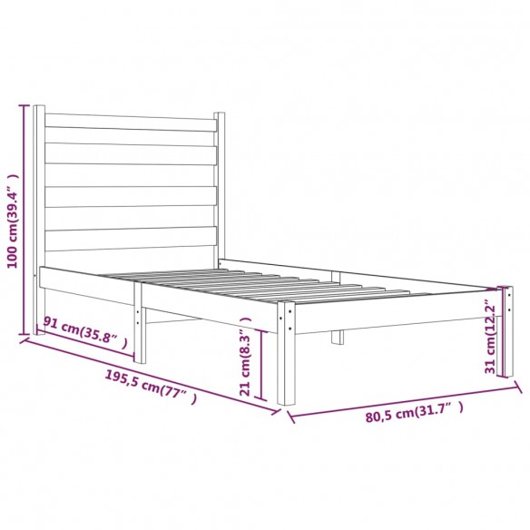 Cadre de lit Noir Bois de pin massif 75x190 cm Petit simple