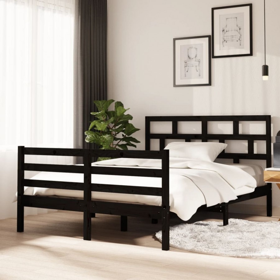 Cadre de lit Noir Bois massif 135x190 cm Double