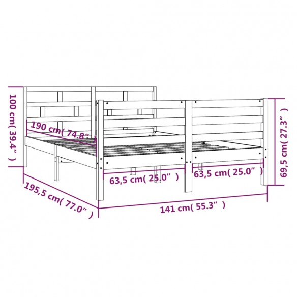 Cadre de lit Noir Bois massif 135x190 cm Double