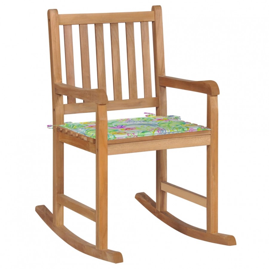 Chaise à bascule avec coussin à motif de feuilles Bois de teck