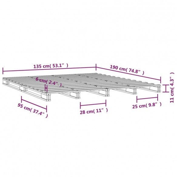 Lit de palette gris 135x190 cm Bois de pin massif Double