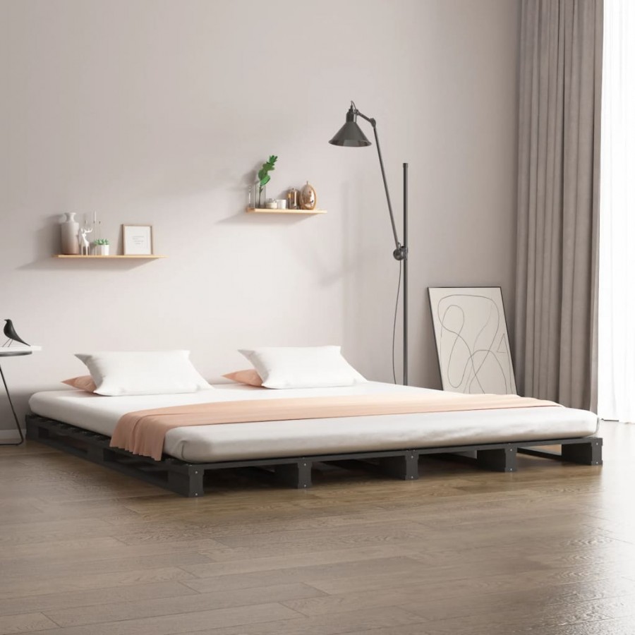 Lit de palette Gris 120x190 cm Bois pin massif Petit Double