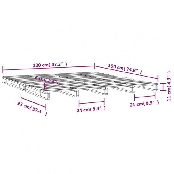 Lit de palette Gris 120x190 cm Bois pin massif Petit Double