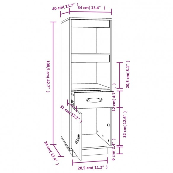 Buffet haut Noir 34x40x108,5 cm Bois massif de pin