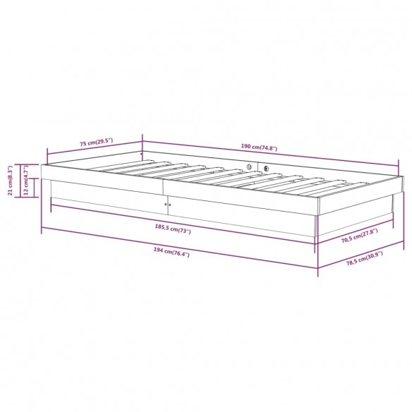 Cadre de lit Noir Bois massif 75x190 cm Petit simple