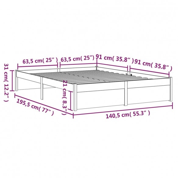 Cadre de lit Gris Bois massif 135x190 cm Double