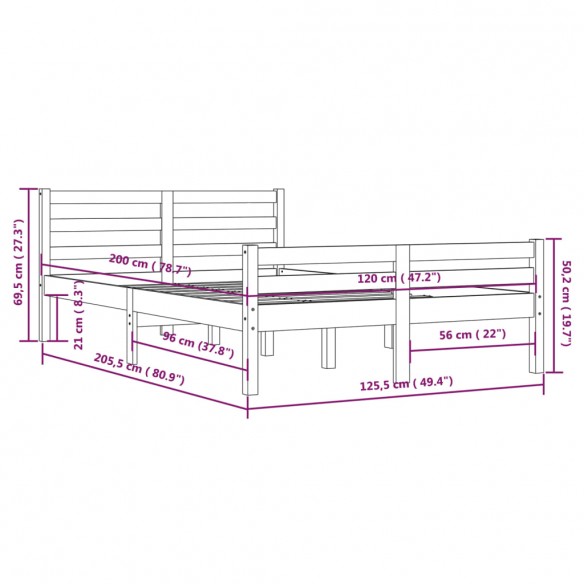 Cadre de lit Gris Bois massif 120x200 cm