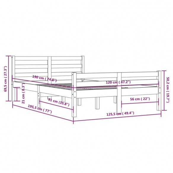 Cadre de lit Marron miel Bois massif 120x190 cm Petit Double