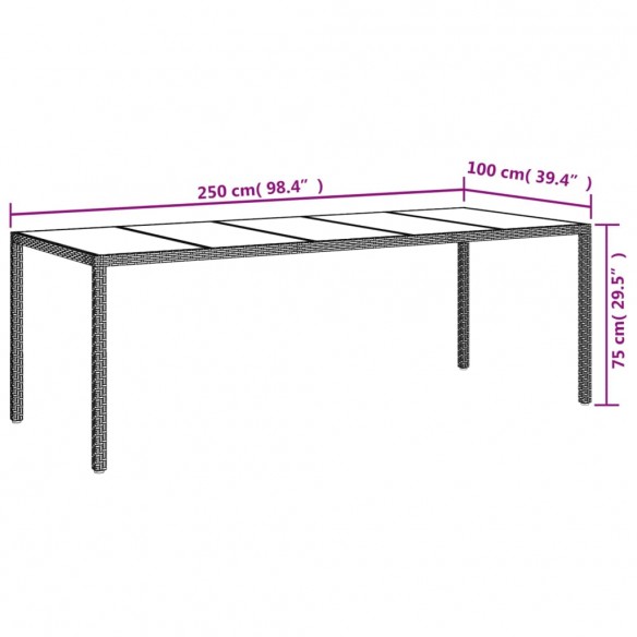 Table de jardin blanc 250x100x75 cm résine tressée verre trempé