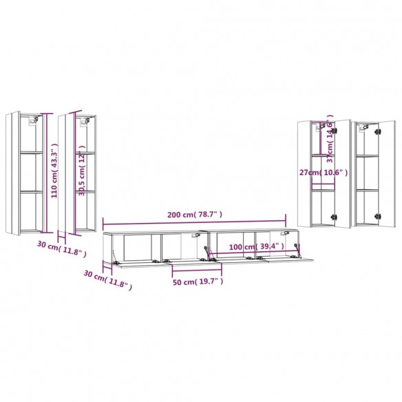 Ensemble de meubles TV 6 pcs Noir Bois d'ingénierie