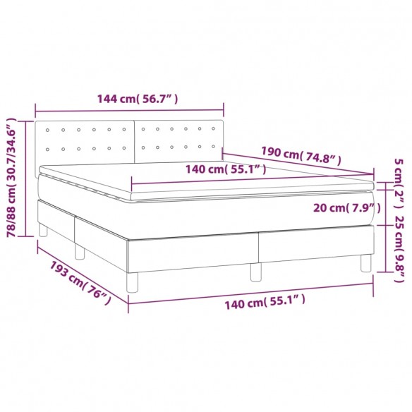 Cadre de lit matelas et LED Marron foncé 140x190 cm