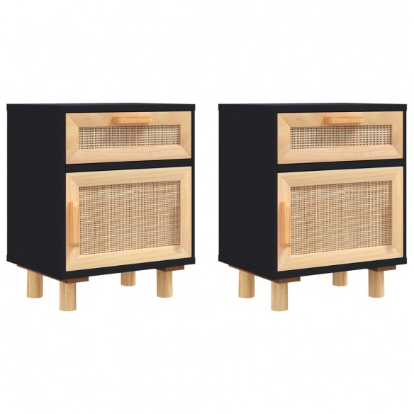 Tables de chevet 2 pcs Noir Bois de pin massif et rotin naturel