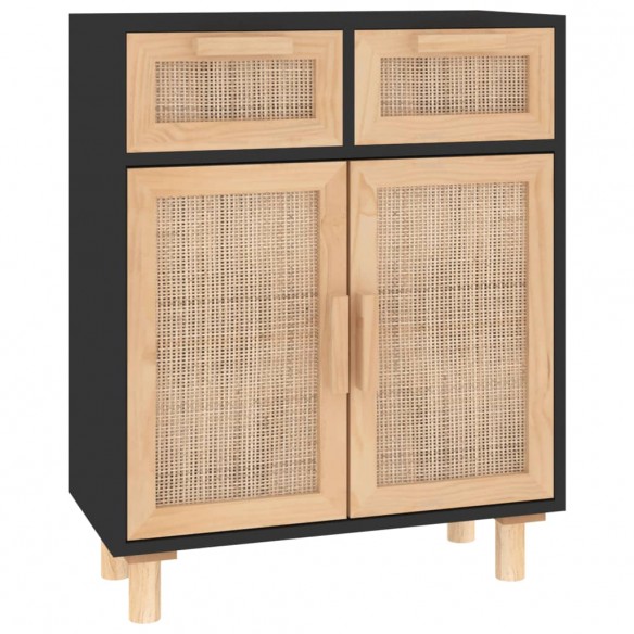 Buffet Noir 60x30x75 cm Bois de pin massif et rotin naturel