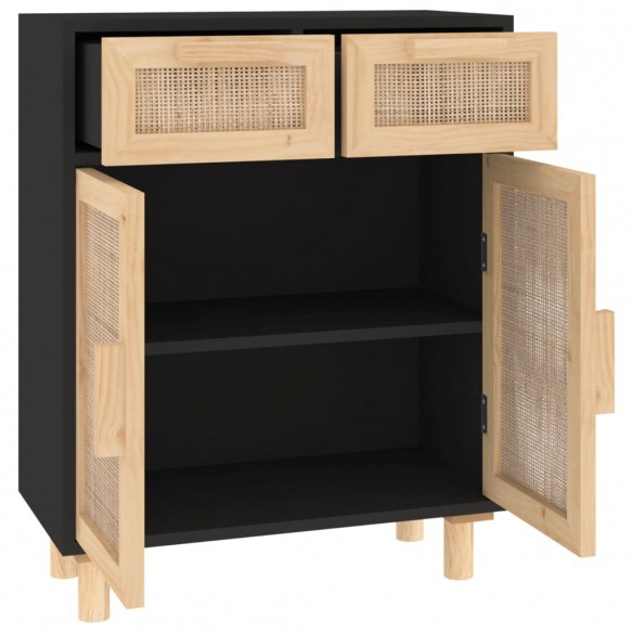 Buffet Noir 60x30x75 cm Bois de pin massif et rotin naturel