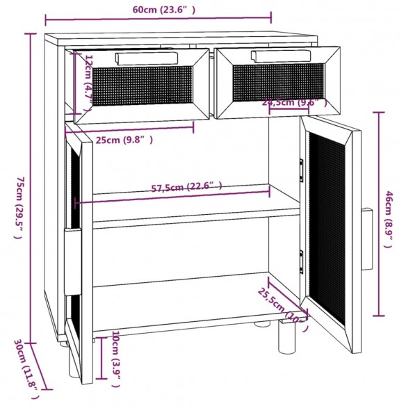 Buffet Noir 60x30x75 cm Bois de pin massif et rotin naturel