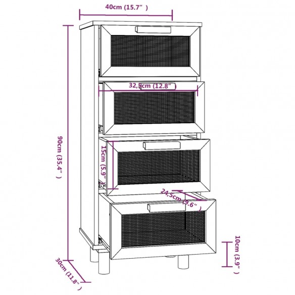 Buffet Blanc 40x30x90 cm Bois de pin massif et rotin naturel