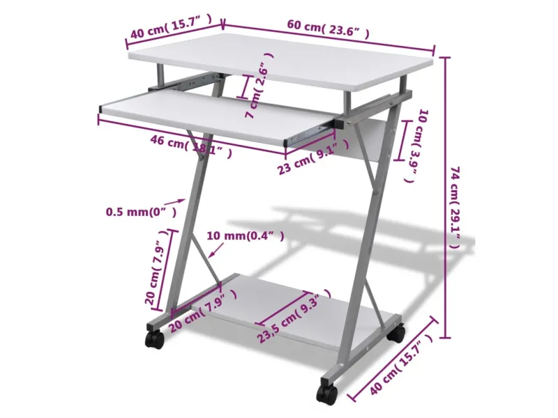 Bureau d'ordinateur compact avec plateau à clavier Blanc