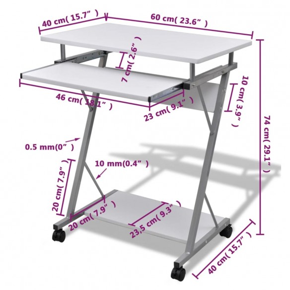 Bureau d'ordinateur compact avec plateau à clavier Blanc