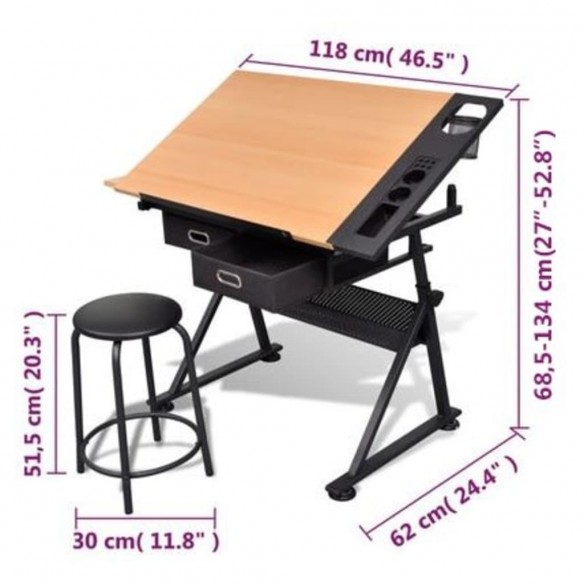 Table à dessin inclinable 2 tiroirs et tabouret