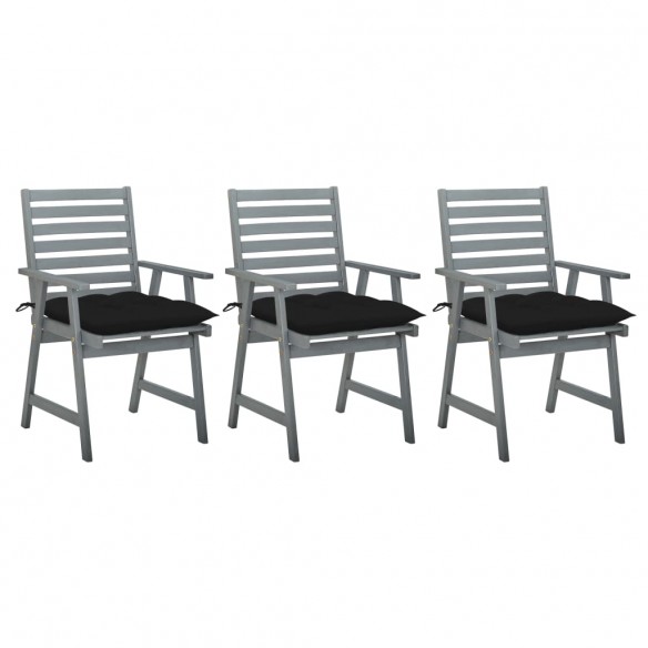 Chaises à dîner d'extérieur 3 pcs avec coussins Acacia massif