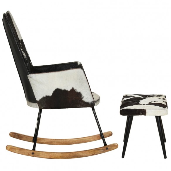 Chaise à bascule avec repose-pied Noir Cuir véritable