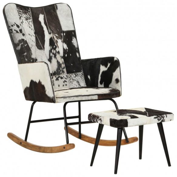 Chaise à bascule avec repose-pied Noir Cuir véritable