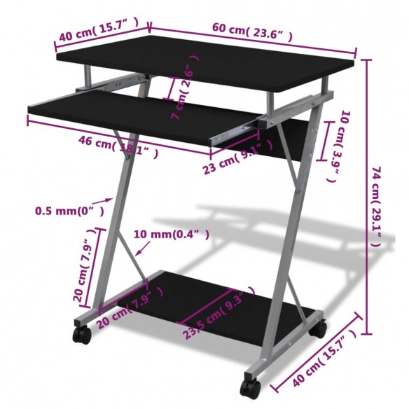 Bureau d'ordinateur compact avec plateau à clavier Noir