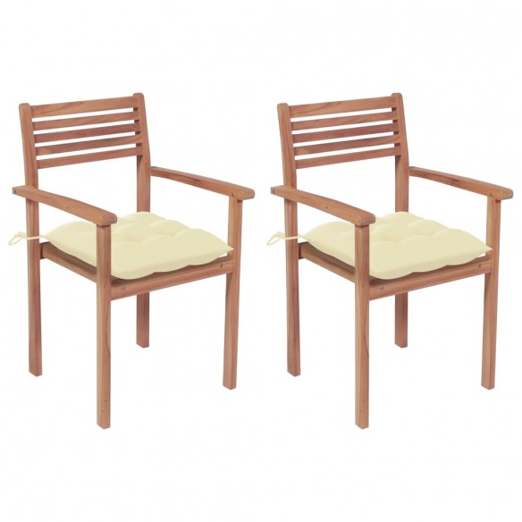 Chaises de jardin 2 pcs avec coussins crème Bois de teck massif