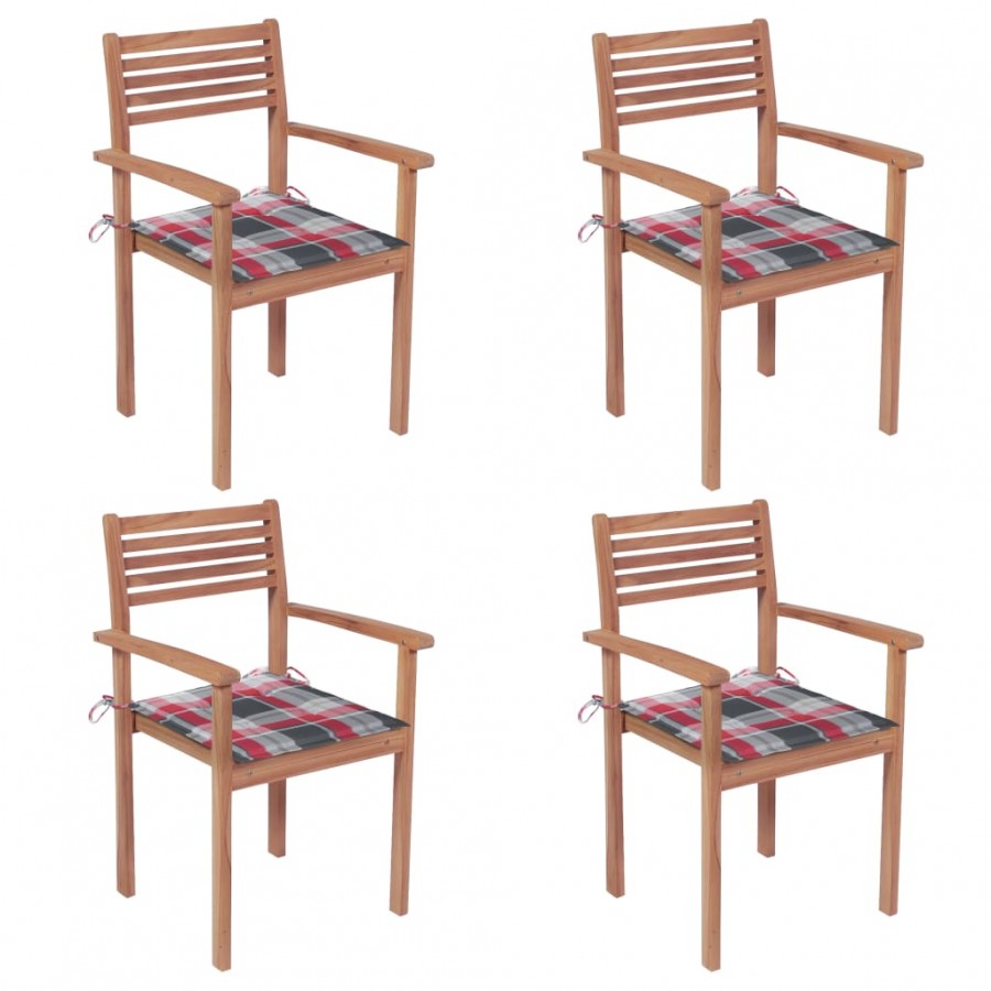 Chaises de jardin 4 pcs avec coussins à carreaux rouge Teck