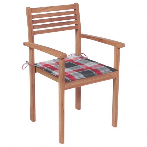 Chaises de jardin 4 pcs avec coussins à carreaux rouge Teck