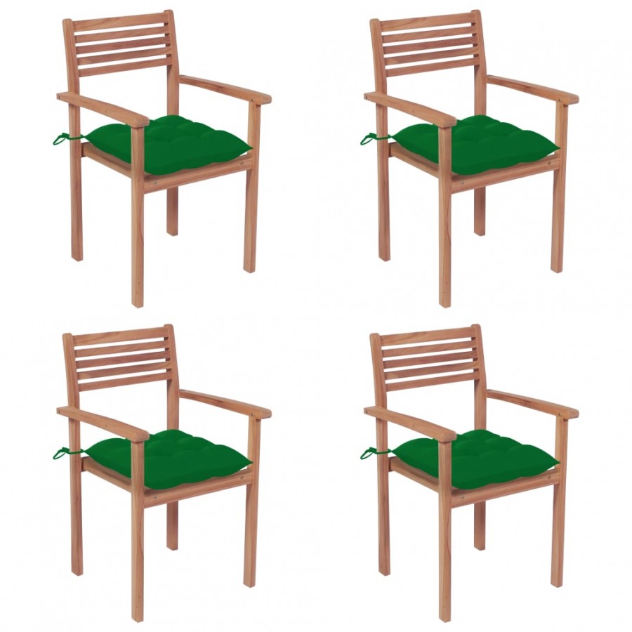 Chaises de jardin 4 pcs avec coussins vert Bois de teck solide