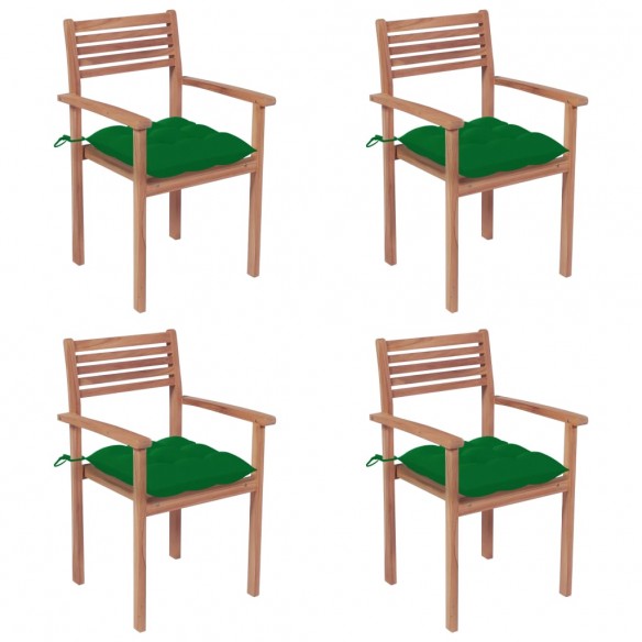 Chaises de jardin 4 pcs avec coussins vert Bois de teck solide