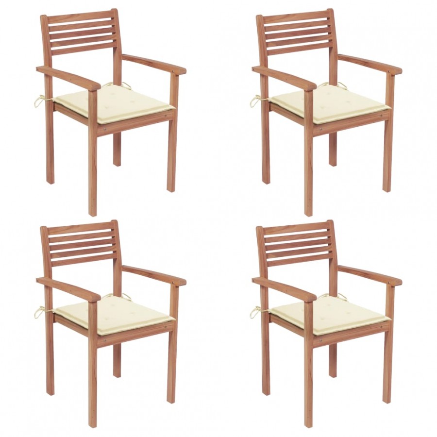 Chaises de jardin 4 pcs avec coussins crème Bois de teck solide