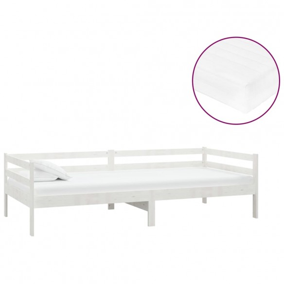 Lit de repos avec matelas 90x200 cm Blanc Bois de pin massif