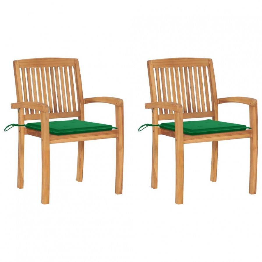 Chaises de jardin 2 pcs avec coussins vert Bois de teck massif