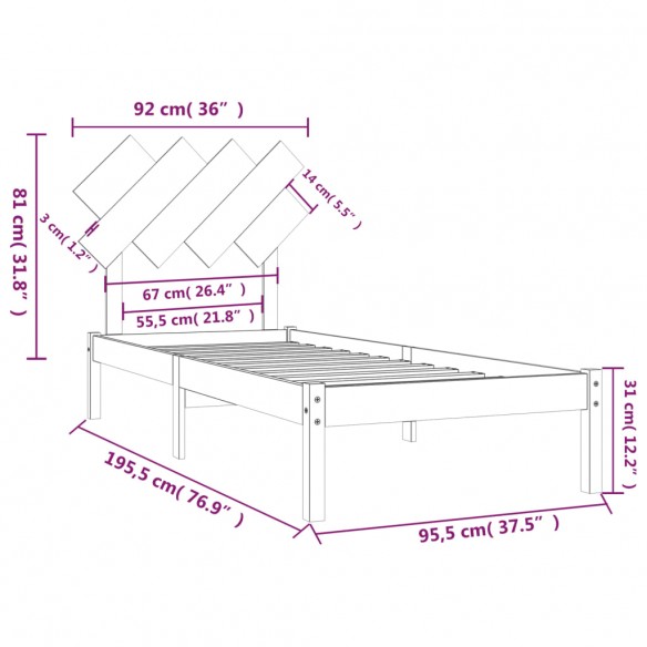 Cadre de lit Noir 90x190 cm Simple Bois massif